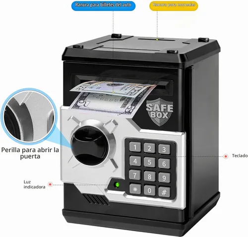 Vista 3 de Alcancía de diseño de cajero automático para niños y niñas, Vcertcpl - Mini alcancía con contraseña para monedas y dinero, con ranura automática