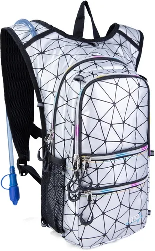 Vista 2 de Mochila de hidratación con luces frías, bolsa de agua de 2 L, bolsa ligera para correr, senderismo, bicicleta, escalada, festival de música esencial