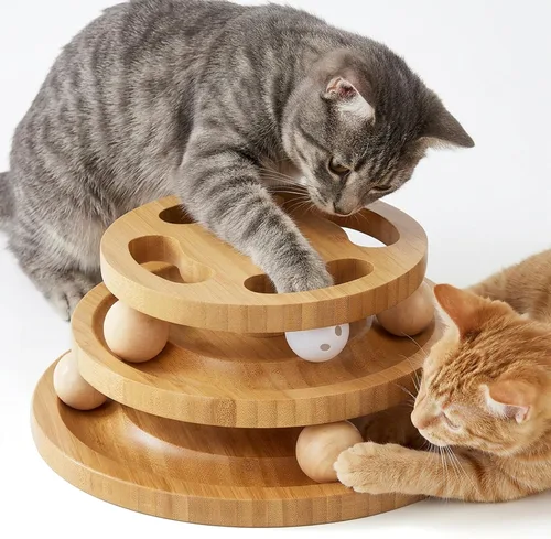 Vista 8 de ZOMISIA Juguete de Pista de Bola para Gatos con Rompecabezas en la Parte Superior y Campana DIY, Juguetes de Madera para Gatos de Interior, Torre