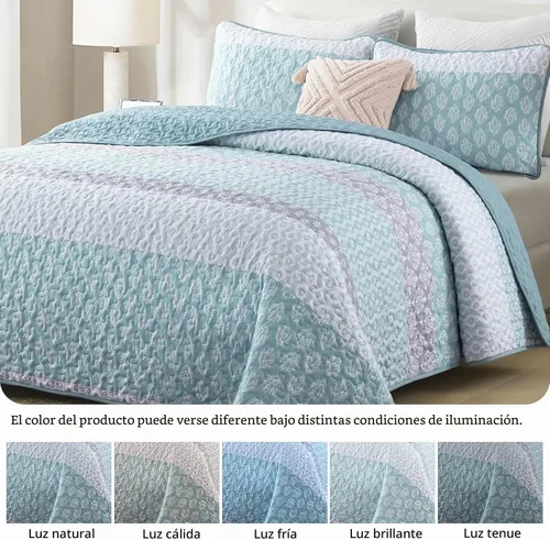 Vista 7 de Cottolester Juego de edredón Aqua tamaño Full, colcha a rayas estilo bohemio, juego de ropa de cama de microfibra ligera y suave de 3 piezas, 78"x90