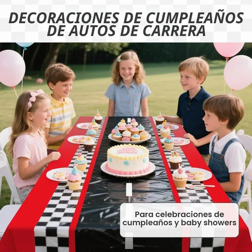Vista 6 de 3 manteles de plástico rojos para autos de carreras, a cuadros, 54 Negro Rojo Lane
