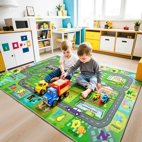 Vista 4 de Chicrug Alfombra de carretera de automóvil de 3 x 5 para niños, sala de juegos, dormitorio, antideslizante, de pelo bajo, lavable, alfombra
