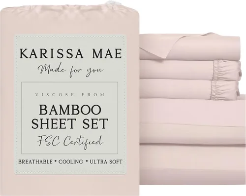 Vista 76 de KARISSA MAE Juego de sábanas de viscosa de bambú de lujo, 100% certificado FSC, refrescante, lujosamente suave, bolsillos profundos de 18 pulgadas