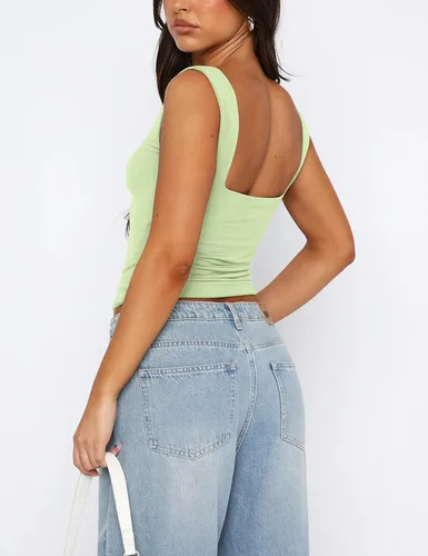 Vista 4 de Cioatin Camiseta corta sin mangas con cuello corazón para mujer, estilo Y2K, sin mangas, ajustada, para verano, a la moda