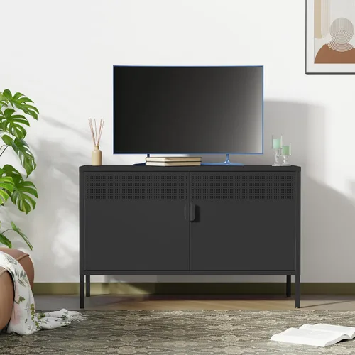 Vista 4 de Gabinete de almacenamiento de metal ancho negro, gabinete de acento de 2 puertas para el hogar y la oficina, gabinete de metal bajo de 2 niveles
