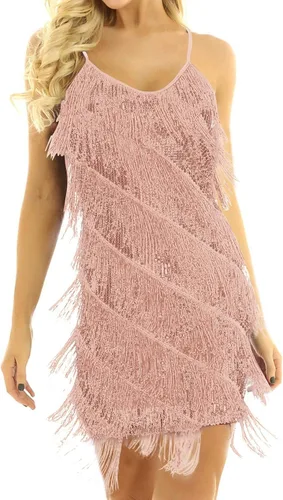 Vista 5 de Vestido sexy de fiesta con cuello en V para mujer, vestido de lentejuelas de color sólido, vestido con flecos, para ocasiones especiales