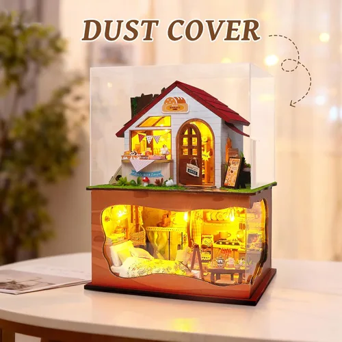 Vista 7 de Kit de casa en miniatura, kits de casa de muñecas con luces y cubierta antipolvo, kit de manualidades creativo con panadería de dos pisos y sótano