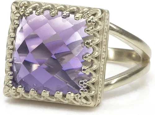 Vista 6 de Intrincado anillo de piedra natal de febrero, anillo de amatista en doble banda chapada en oro de 14 quilates, joyería de amatista hecha a mano