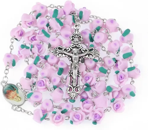 Vista 2 de WHLHMK Rosario católico con caja de joyería de rosas, collar de rosario de arcilla polimérica con caja de joyería de metal vintage, regalos