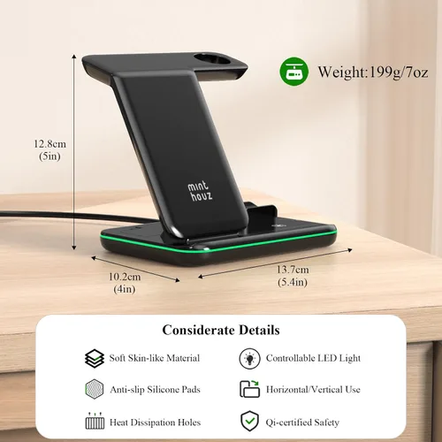 Vista 7 de Minthouz Cargador inalámbrico para teléfono, estación de carga rápida de 18 W para iWatch (el cargador de reloj no está incluido), AirPods, soporte