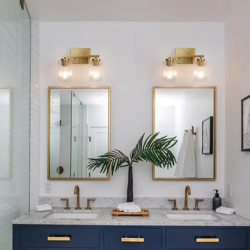 Vista 2 de 2 luces de tocador de baño de oro cepillado sobre el espejo, iluminación moderna con pantalla de vidrio texturizado, accesorios de iluminación