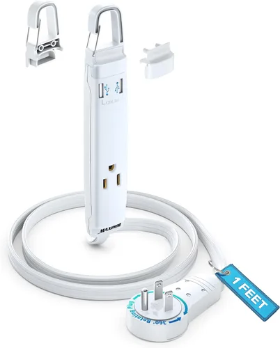 Vista 10 de Maximm Cable de extensión de 1 pie con puertos USB, enchufe plano giratorio 360, 3 salidas (2 puertos USB), conectado a tierra (negro)