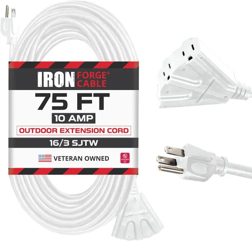 Vista 11 de Iron Forge Cable Cable de extensión blanco de 10 pies para exteriores con 3 tomas, cable de extensión SJTW de 16/3 de 10 pies, 3 clavijas, cable