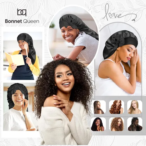 Vista 5 de BONNET QUEEN Braid Bonnet Silk Bonnet Foldable Extra Long Wrap for Braids Satin Bonnets with Tie Band Long Sleep Cap