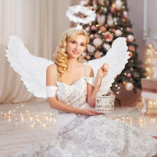 Vista 6 de Yamgqus Alas de ángel, alas de ángel y halo para adultos y niños, disfraces de ángel para mujeres y niñas para Halloween, Navidad, fiesta de carnaval