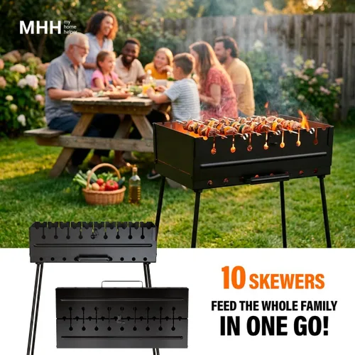 Vista 5 de Parrilla de carbón para 10 pinchos - Barbacoa portátil Mangal - Parrilla metálica plegable para Shashlik, Kebab, Picnic, Cocina al aire libre