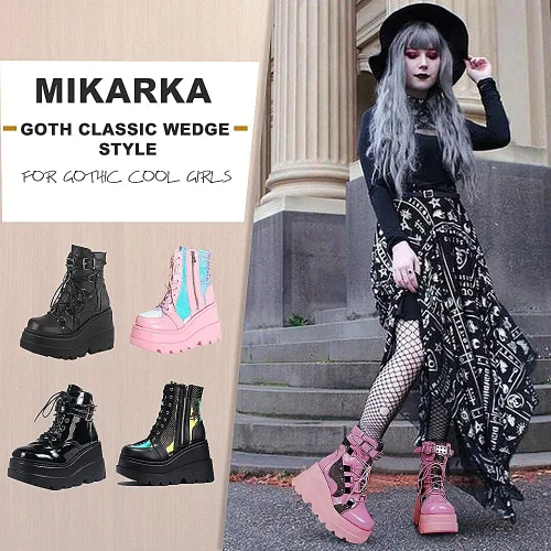 Vista 5 de mikarka Botas de plataforma holográfica para mujer con cordones hebilla con tachuelas góticas apiladas botas de combate