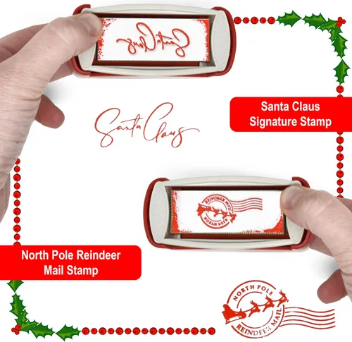 Vista 2 de Gift Boutique Juego de 2 sellos de goma autoentintados de Navidad con sello de firma de Santa Claus y sello de correo de reno del Polo Norte