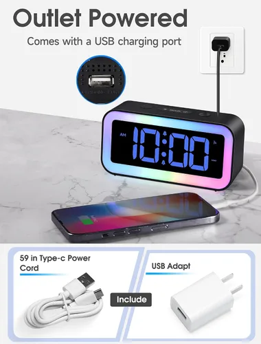 Vista 6 de Cadmos Reloj despertador fuerte para dormitorios con luz nocturna RGB dinámica, para adultos que duermen profundamente, doble alarma, atenuador