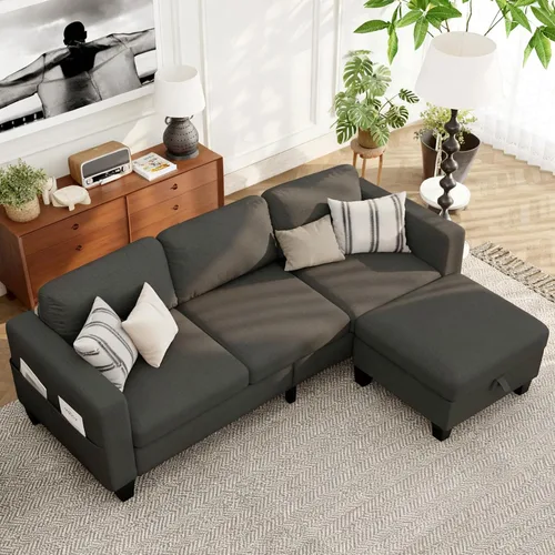 Vista 8 de Sofás Seccionales para Sala de Estar - Sofá Moderno en Forma de L Gris Oscuro de 3 Asientos con Otomana de Almacenamiento Reversible y Bolsillos