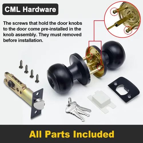Vista 6 de CML Hardware Pomo de puerta de entrada con llave negra mate para uso exterior e interior, mango redondo de bola de acero inoxidable