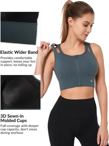 Vista 7 de Yvette Sujetadores deportivos para mujer de alto impacto con cremallera frontal, brasier deportivo de alto soporte, busto grande para entrenamiento