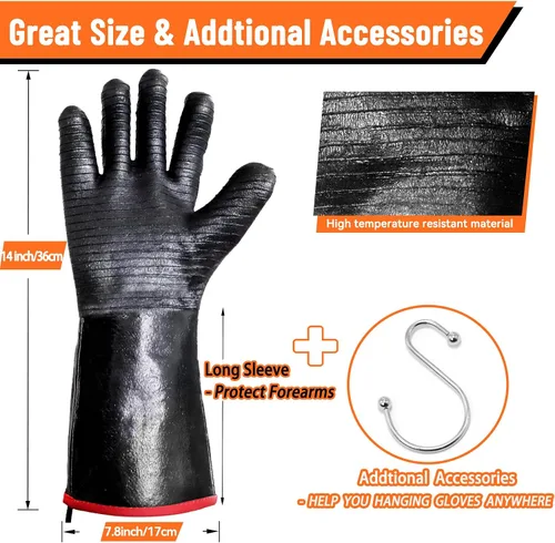 Vista 3 de Guantes de barbacoa – Guantes gruesos resistentes al calor de 1472 °F con gancho en S, guantes de horno de cocina de 14 pulgadas, guantes