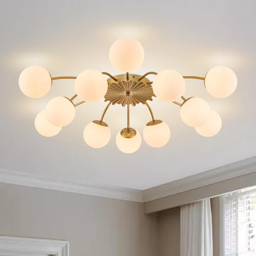 Vista 11 de Lámpara de araña Sputnik de 12 luces, color negro con burbujas de vidrio de leche Luces de techo semi empotradas, acento de flor, Art Deco