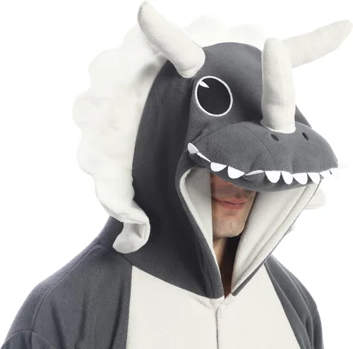 Vista 3 de dressfan Disfraz de dragón de Triceratops de animal, disfraz de dinosaurio, Navidad, Halloween, cosplay, pijama, unisex, para adultos y adolescentes