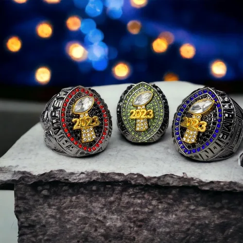 Vista 5 de Anillo de trofeo del campeonato de fútbol de fantasía 2023 Premio chapado en bronce negro para el ganador de la Liga de Fútbol Fantasía