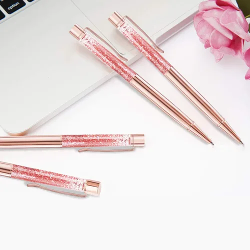 Vista 5 de ZZTX 3 bolígrafos de oro rosa, bolígrafo de metal brillante dinámico de arena líquida con repuestos, tinta negra, suministros de oficina, bolígrafos