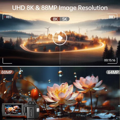 Vista 2 de FlyFrost Cámara de video 8K 88MP UHD WiFi Vlogging Cámaras para YouTube 18X zoom digital IR visión nocturna 3.0 pulgadas videocámara pantalla táctil