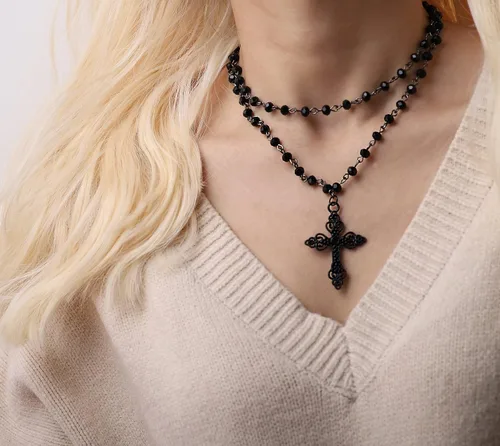 Vista 3 de Sacina Layered Black Beaded Choker, Goth Gothic Emo Punk Grunge Necklace