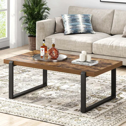 Vista 13 de EXCEFUR - Mesa de café moderna negra, mesa de centro industrial de madera y metal para sala de estar, mesa de té y cóctel rectangular, roble negro