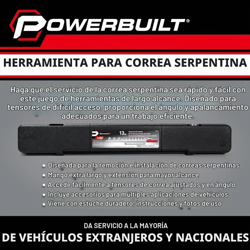 Vista 2 de Powerbuilt Juego de herramientas para correa de serpentina, quitar e instalar correas de serpentina de vehículos con carga de resorte, accesorios