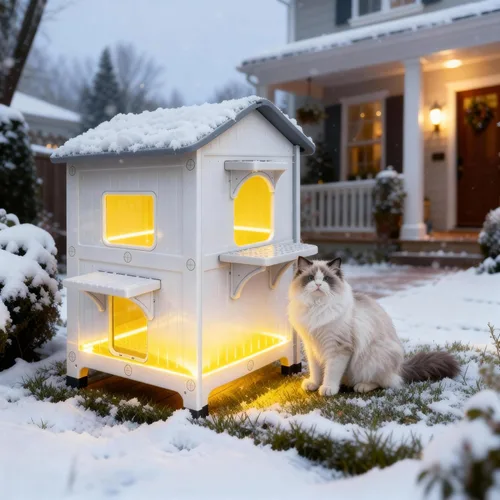 Vista 10 de Casa para gatos al aire libre, casas de 2 pisos al aire libre para gatos salvajes, refugio exterior de plástico, resistente a la intemperie