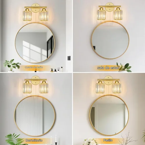 Vista 4 de Lámpara de tocador moderna de cristal de 2 luces, accesorio de luz vertical dorada para baño sobre espejo para mesa de tocador y fregadero