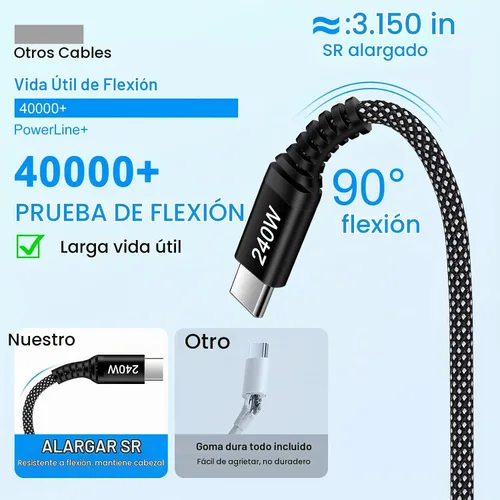 Vista 5 de Cable cargador para Samsung 6FT 240W USB C a USB C cable de carga súper