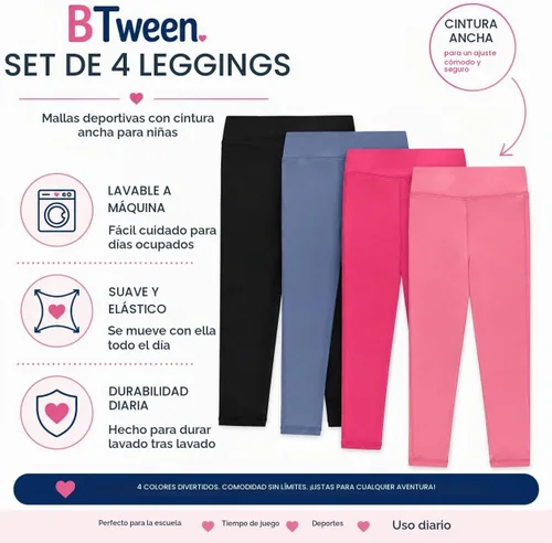 Vista 7 de BTween Paquete de 4 leggings para niñas, ejercicio, mallas deportivas con cintura ancha para niñas Basc1