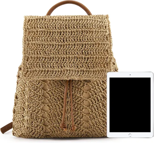 Vista 5 de Ayliss Bolso de mano de paja para mujer, bolso de hombro de verano, tejido a mano, bolso de mano para playa, bolsa de hobo, Caqui, S