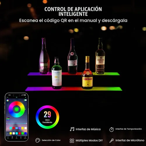 Vista 3 de VEVOR Pantalla de botella de licor con iluminación LED, 2 niveles de 30 pulgadas, compatible con USB, estante iluminado de bar para el hogar