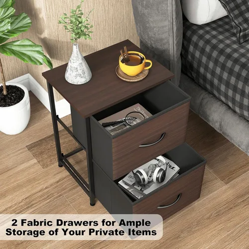Vista 3 de LubanNese Mesita de noche con 2 cajones de tela, mesita de noche pequeña para habitación de los niños, mesa auxiliar con parte superior de madera
