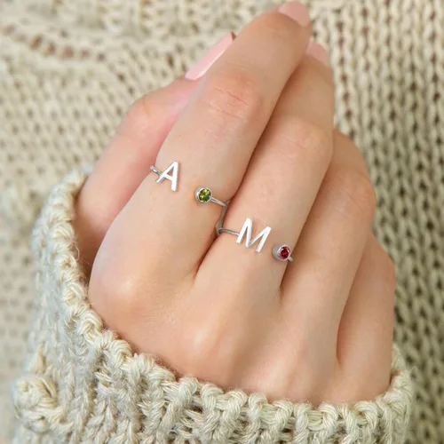 Vista 2 de 925 Sterling Silver Initial Letter Birthstone Rings for Women Adjustable 1-12 Month Birthstone Alphabet Stacking Ring for Teens Girls Stackable