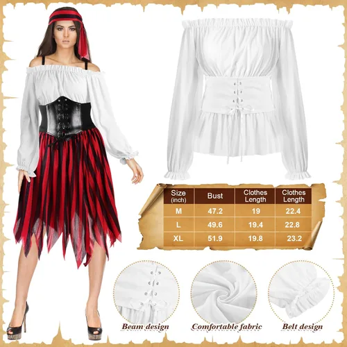 Vista 3 de Newcotte 4 piezas de Halloween para mujer, disfraz de pirata, cosplay, renacentista, blusa con corsé, cinturón de cintura, falda pirata, rayas
