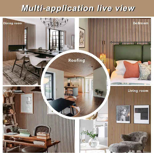 Vista 6 de Paneles acústicos de listones de madera de 4 piezas para una decoración elegante y reducción de ruido, panel texturizado 3D para techo y pared