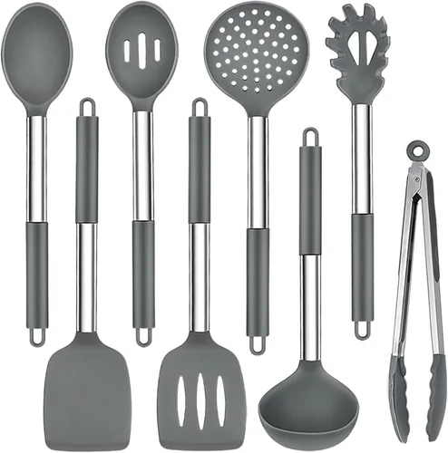 Vista 9 de TeamFar Juego de 8 utensilios de cocina, utensilios de cocina de silicona, con mango de acero inoxidable, para freír, servir, voltear y escurrir,