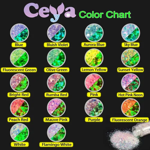 Vista 3 de Ceya Juego de purpurina que brilla en la oscuridad, 18 colores, 6.3 onzas/6.35 oz, mezcla de purpurina gruesa luminosa, copos de polvo fino