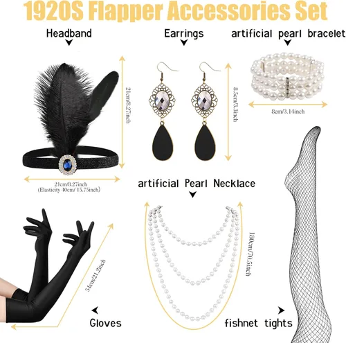 Vista 2 de Conjunto de flapper para mujer, diadema de los años 20, accesorios de disfraz para fiesta de Halloween, cosplay