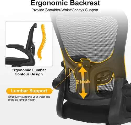 Vista 4 de Silla de oficina ergonómica de malla, soporte lumbar ajustable, brazos abatibles, silla giratoria para computadora con respaldo transpirable