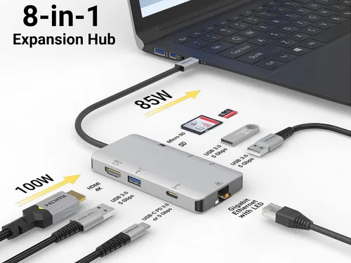 Vista 3 de Estación de acoplamiento USB C Hub 8 en 1 con HDMI 4K, 1 Gbit Ethernet, 3 puertos USB A 3.0, 1 USB-C PD/Data, SD/Micro SD para trabajo y viajes